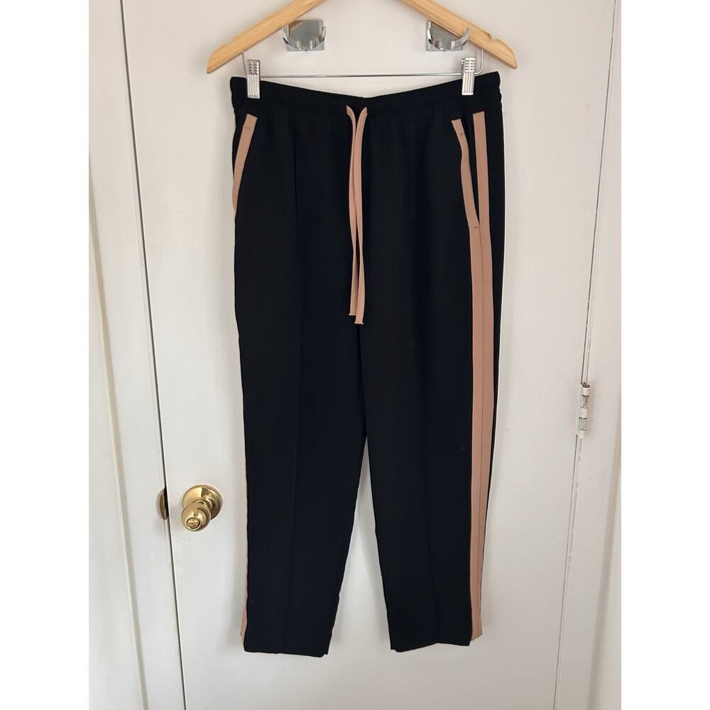 Reiss Black Pants Side Stripe Track Trouser Elastic Waist Drawstring Pull On 8R
